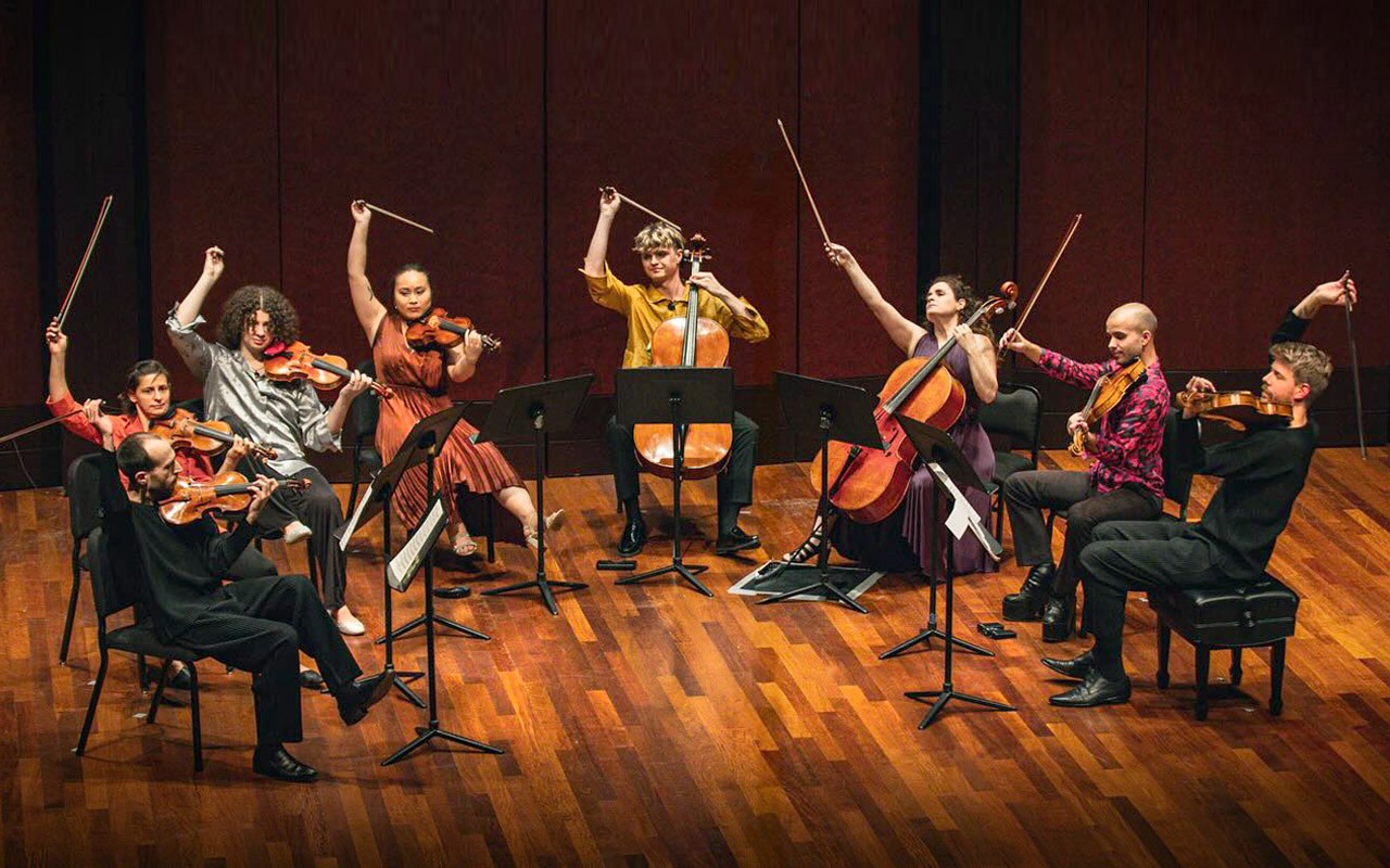 The Ariel Quartet and the Poiesis Quartet perform together on the Werner Recital Hall stage.