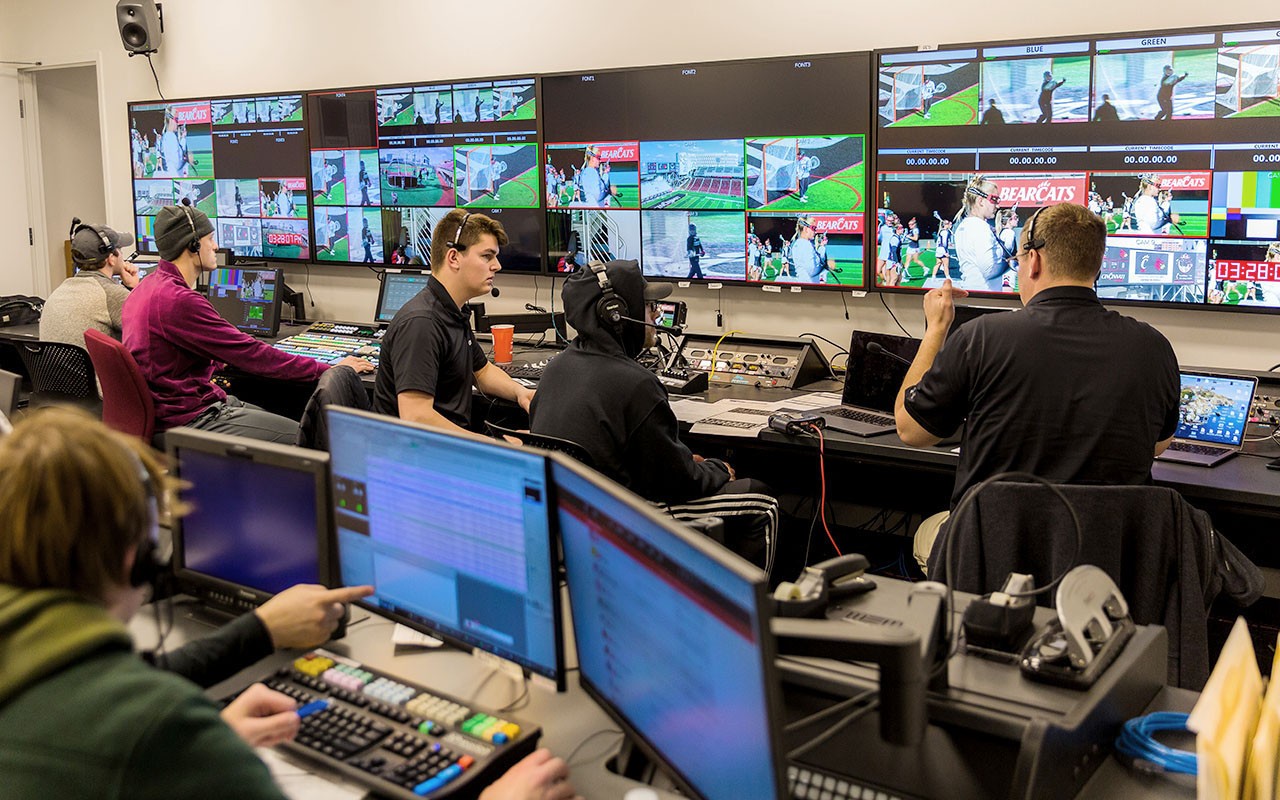 Sports Media Production students work in the Nippert Stadium ESPN+ Control Room