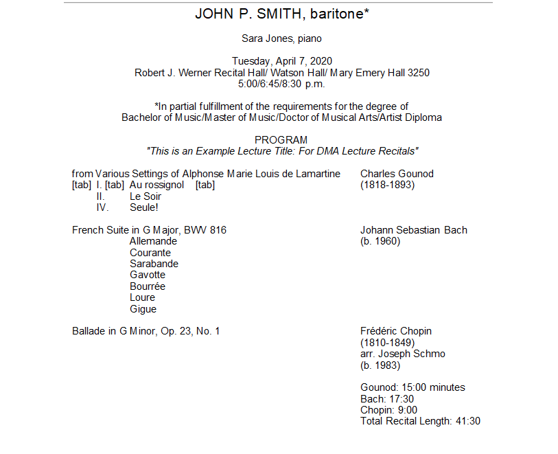Word document format for a recital program at CCM.