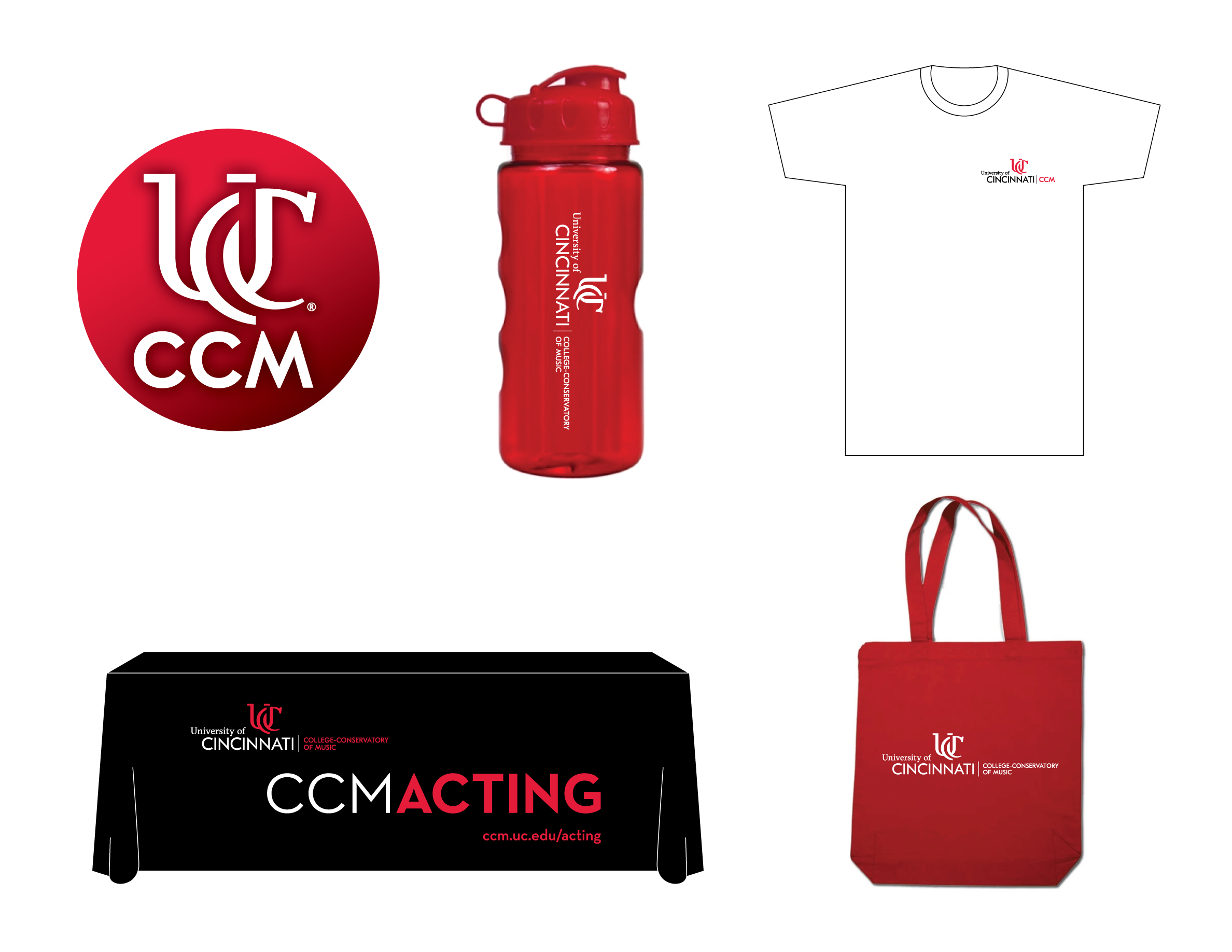 A photograph containing examples of CCM-branded goods and merchandise, including a bell cover, water bottle, t-shirt, table cloth and tote bag.
