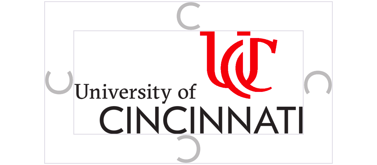 An illustration of the required safe space around UC's logo.